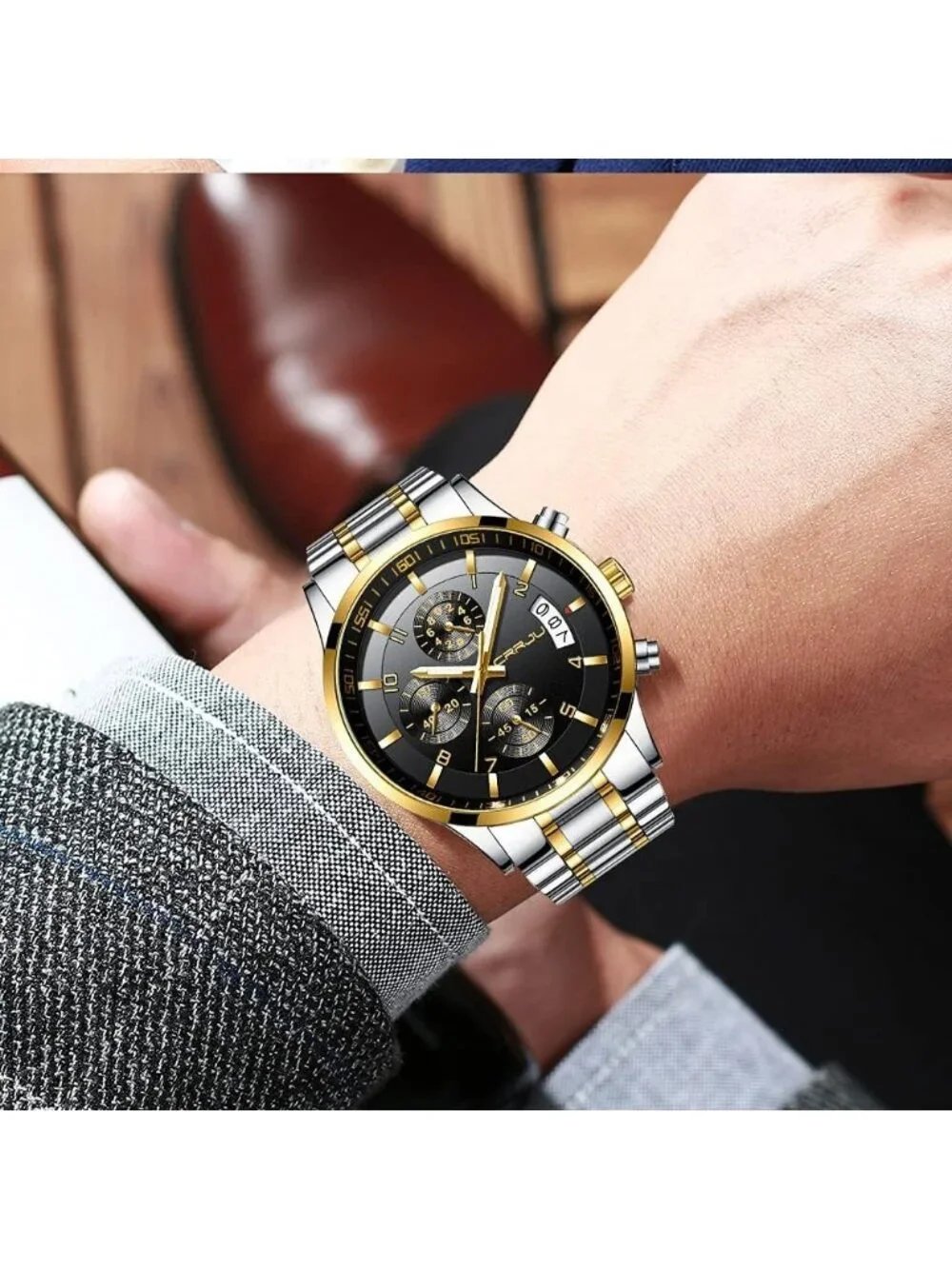 Mens Silver And Black Analog Stainless Steel Waterproof Chronograph Wrist Watch
